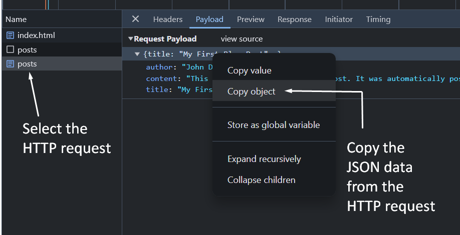 Figure 4: Copying JSON data from the Network tab in Chrome Devtools after making a HTTP request