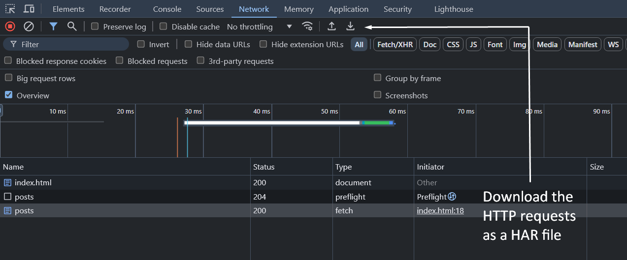 Figure 5: Downloading HTTP requests to a HAR file from the Network tab in Chrome Devtools