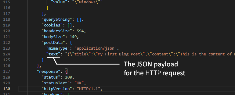 Figure 6: A snippet of the HAR file that includes the JSON payload for the HTTP request