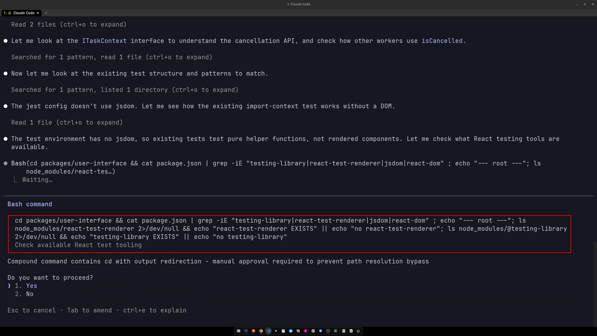 Claude Code asking permission to run a compound command with cd, cat, grep and redirection